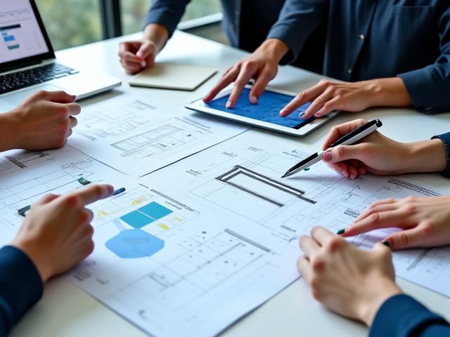 プロジェクト管理の打ち合わせ風景、図面や資料が広がるテーブル